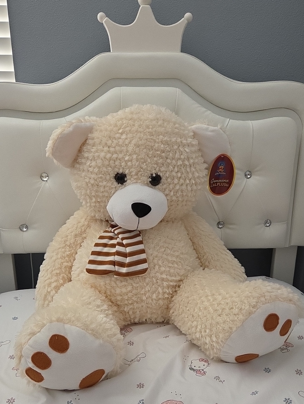 Large Plush Cream Teddy Bear with Striped Scarf Calplush